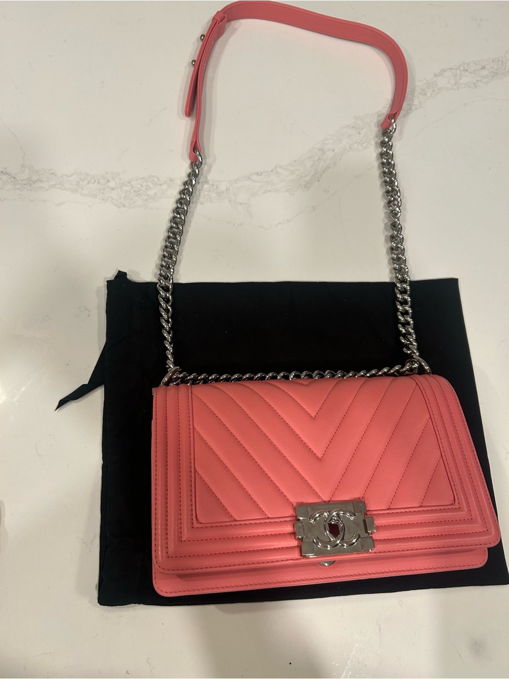 CHANEL Coral Pink Chevron Quilted Leather Shoulder Bag with Silver Chain